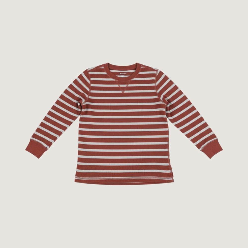 Carters Boys Size 8 Thermal Long Sleeve Shirt Burgundy Gray Striped Waffle Knit